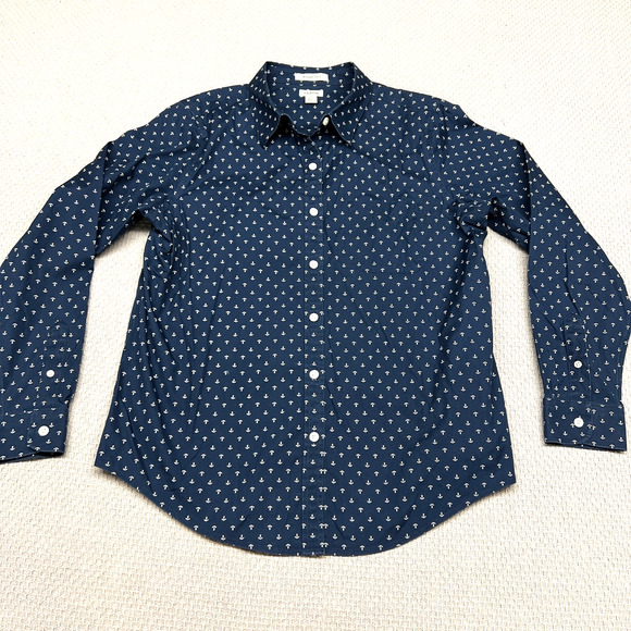 LL Bean Shirt Womens Medium Navy Blue Anchor Print Button Up Nautical Preppy - Picture 1 of 7